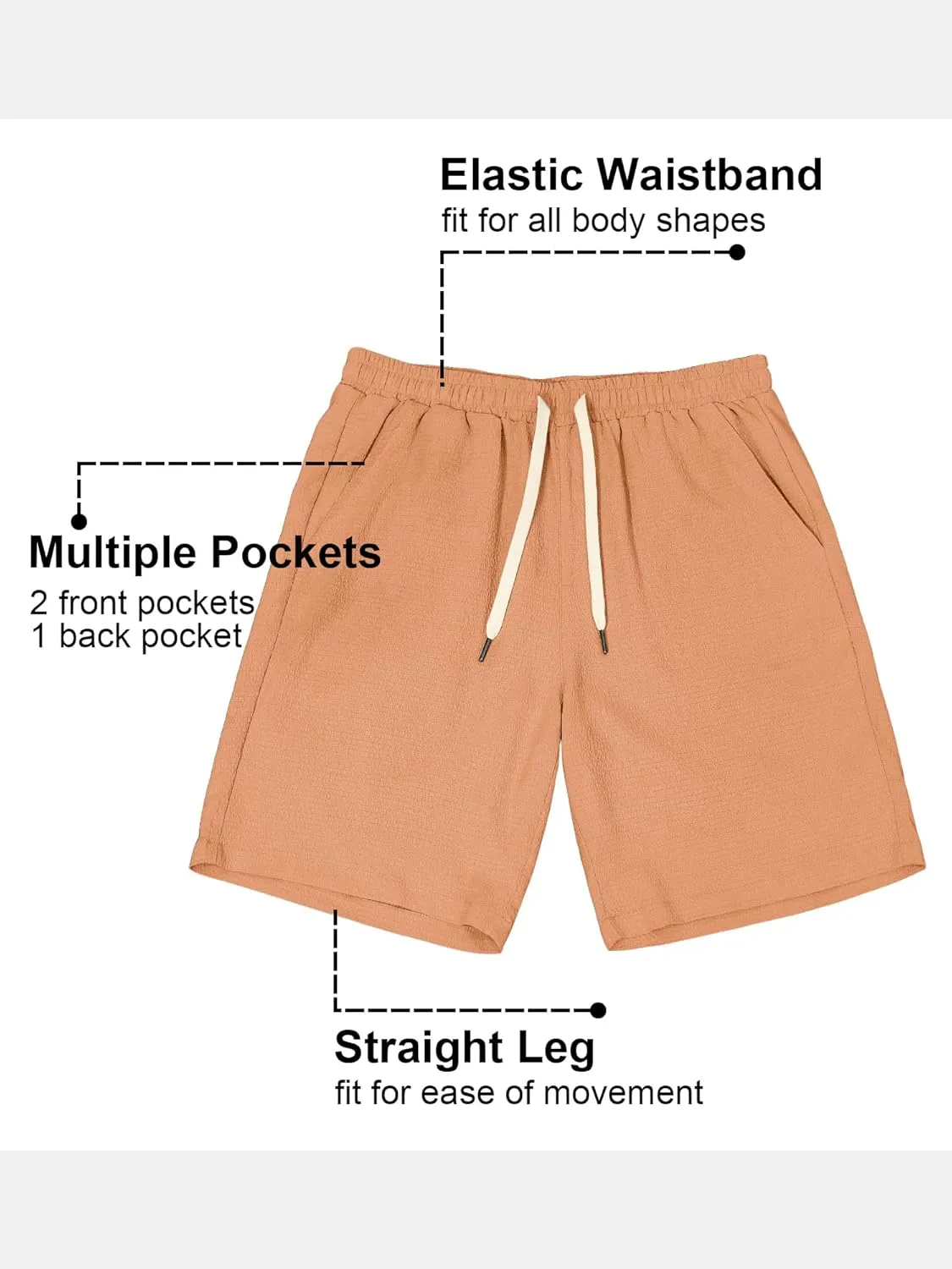 PLEPAN Mens Casual Shorts Lightweight Summer Beach Shorts Elastic Waist Drawstring Stretch Seersucker Textured Shorts for Men
