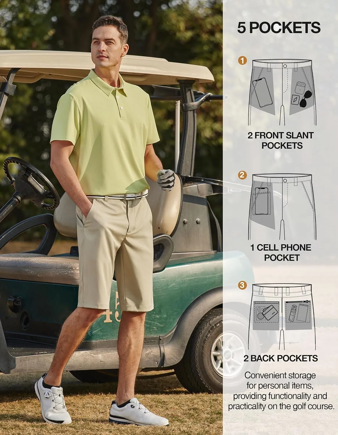 PULI Mens Golf Hiking Shorts Lightweight Casual Dress 12" Inseam Work Stretch Travel Hybrid Quick Drying with Pockets