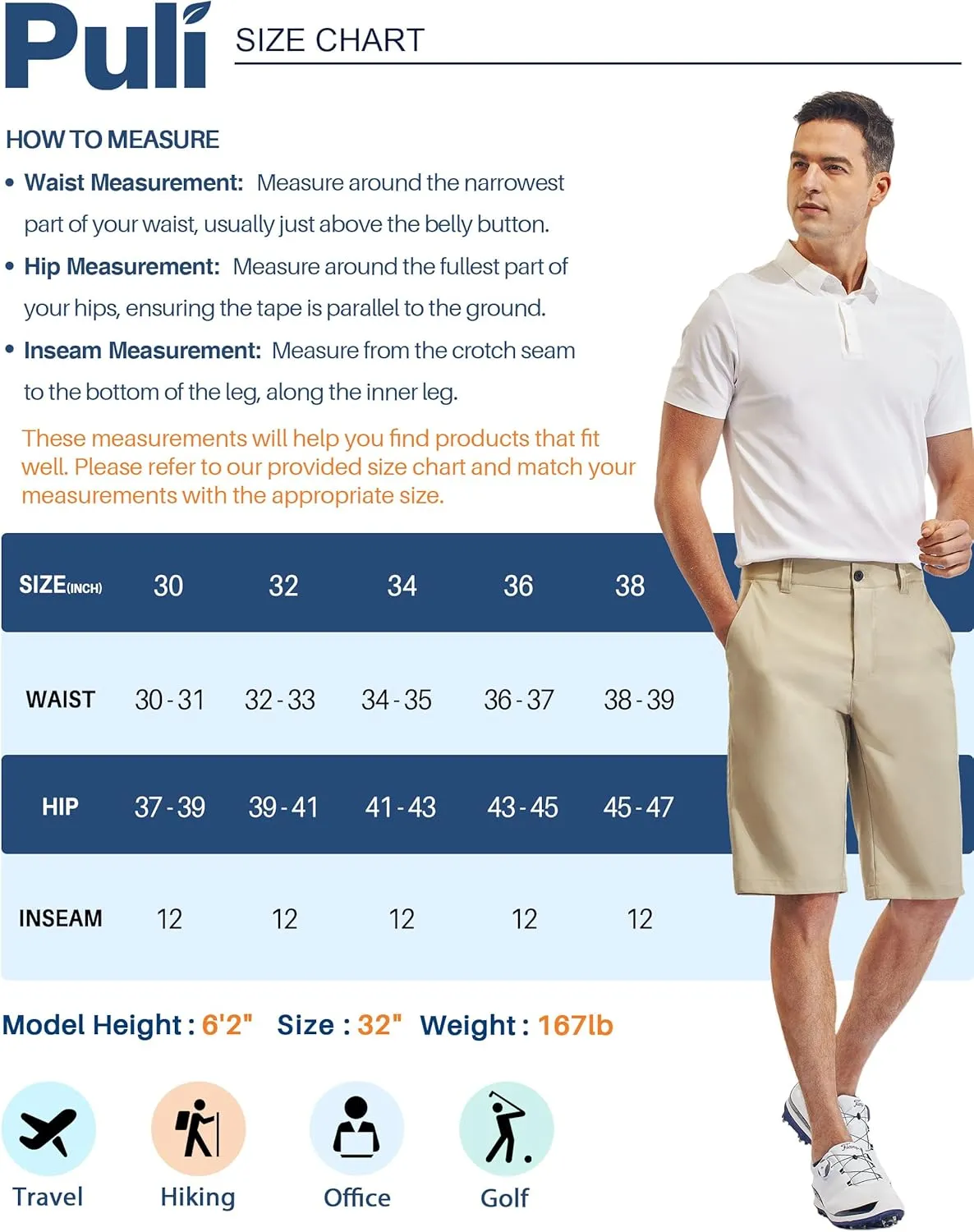 PULI Mens Golf Hiking Shorts Lightweight Casual Dress 12" Inseam Work Stretch Travel Hybrid Quick Drying with Pockets