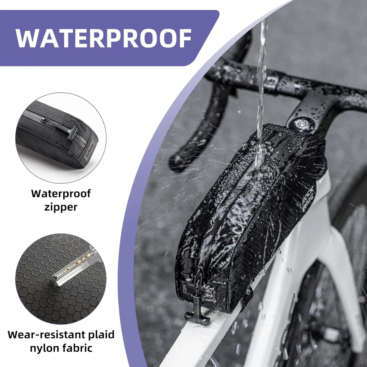 ROCKBROS Bike Top Tube Bag - Waterproof Front Frame Bag Pouch Pack for Mountain & Road Bike - Large Grip Black