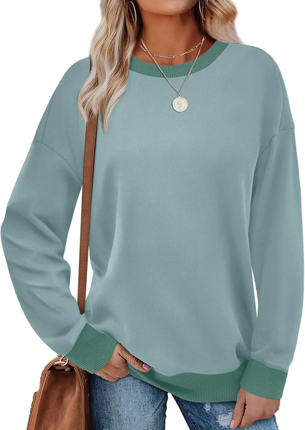 Saloogoe Sweatshirts for Women Crewneck Long Sleeve Loose Fit Tops Color Block Ribbed Trim Fashion 2024