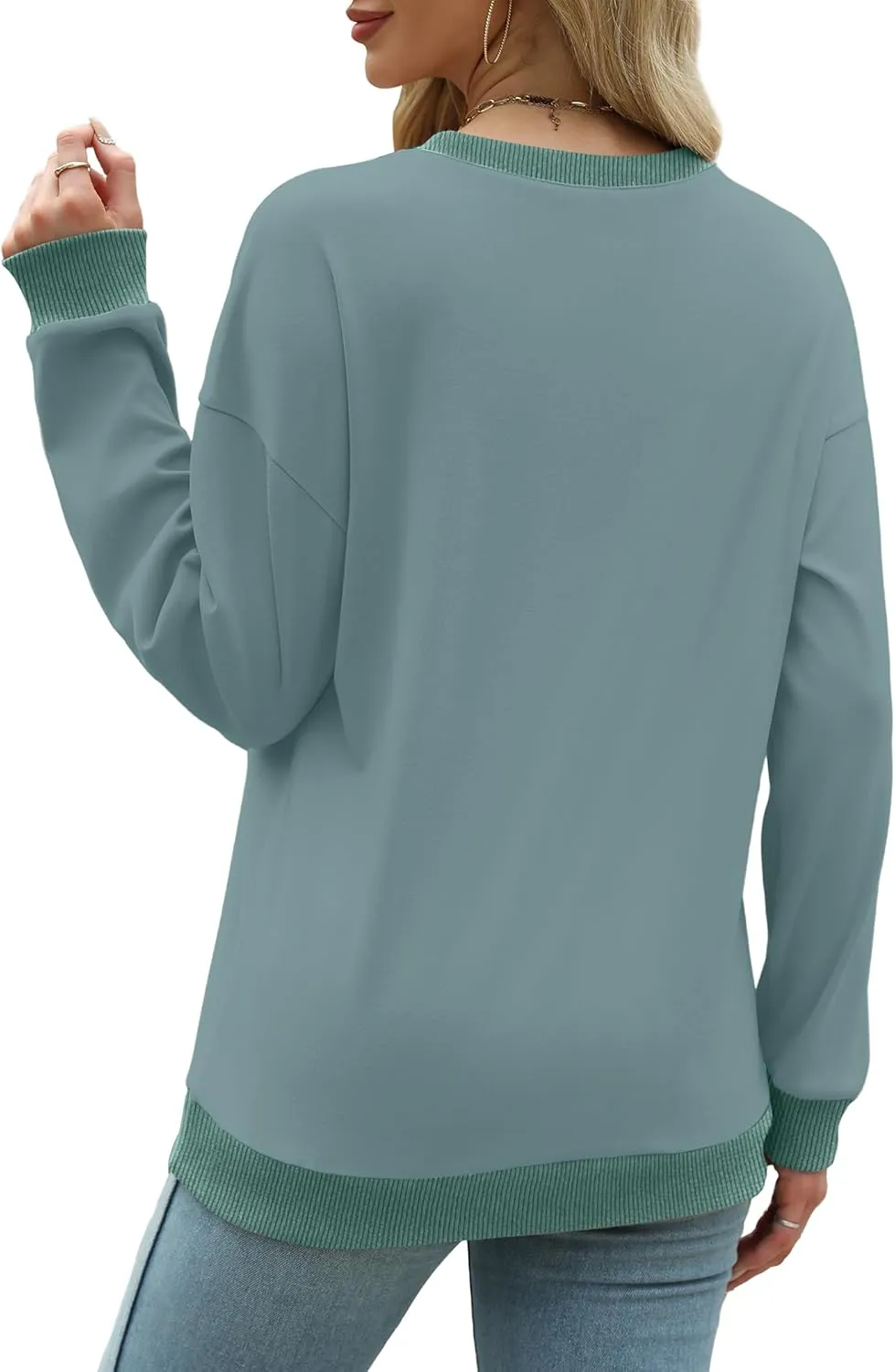 Saloogoe Sweatshirts for Women Crewneck Long Sleeve Loose Fit Tops Color Block Ribbed Trim Fashion 2024