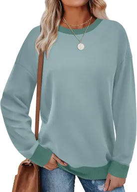 Saloogoe Sweatshirts for Women Crewneck Long Sleeve Loose Fit Tops Color Block Ribbed Trim Fashion 2024