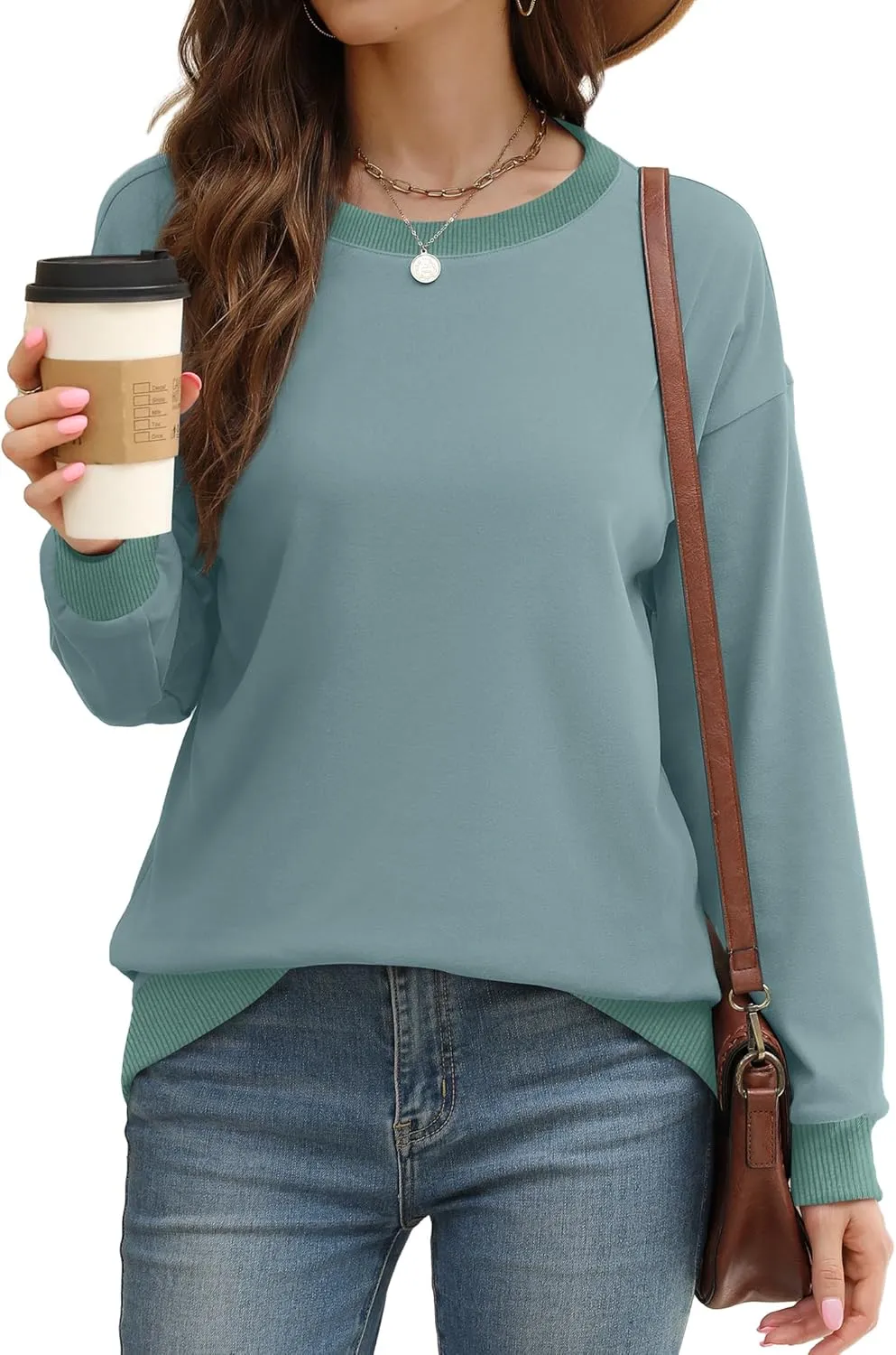 Saloogoe Sweatshirts for Women Crewneck Long Sleeve Loose Fit Tops Color Block Ribbed Trim Fashion 2024