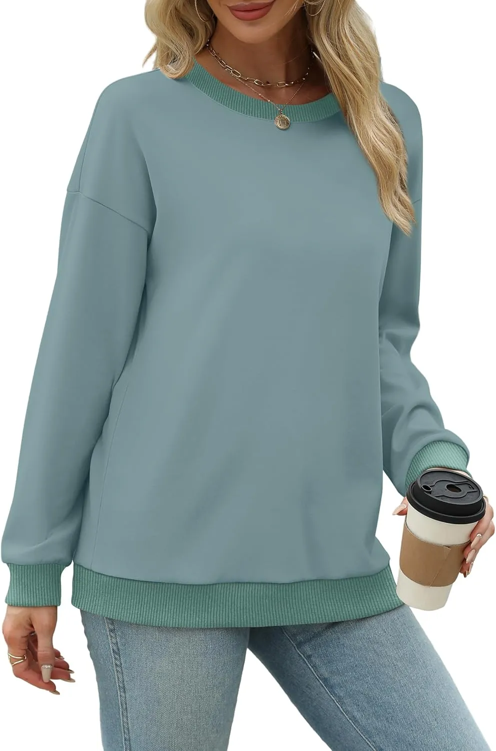 Saloogoe Sweatshirts for Women Crewneck Long Sleeve Loose Fit Tops Color Block Ribbed Trim Fashion 2024
