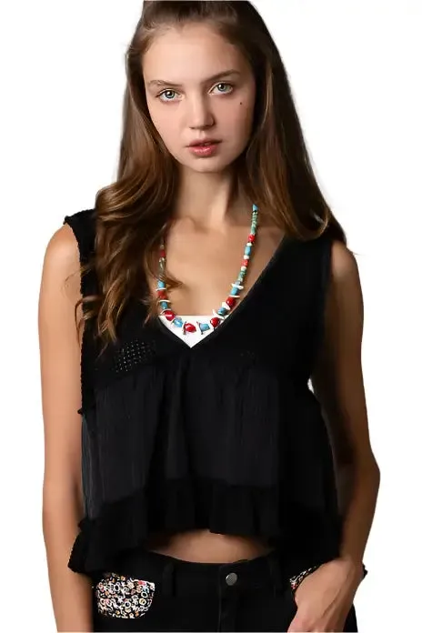 Sleeveless Thermal Babydoll Top - Black