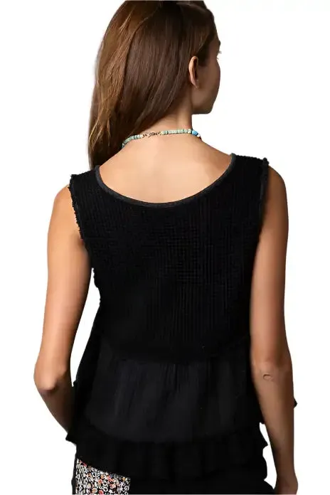 Sleeveless Thermal Babydoll Top - Black