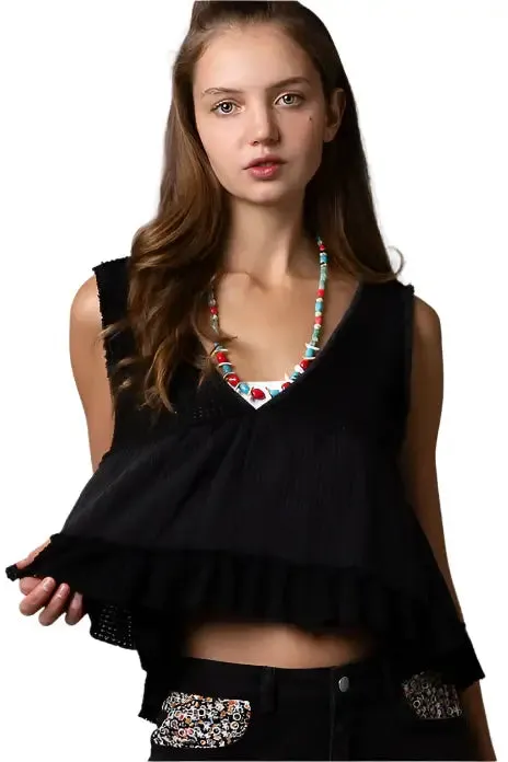 Sleeveless Thermal Babydoll Top - Black