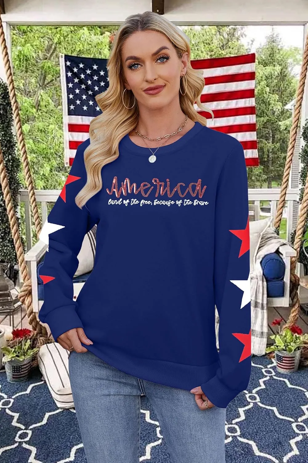 SUPEYA Womens USA Sweatshirt American Flag Graphic Pullover Crewneck Long Sleeve Tees Clothes 4th of July Tee Tops