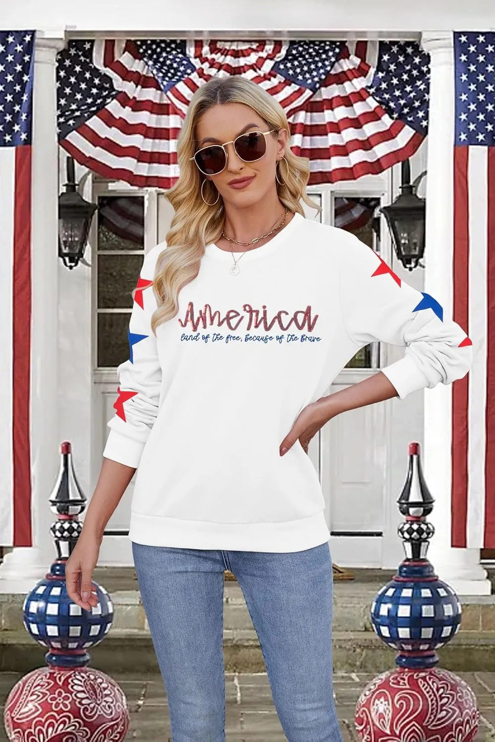 SUPEYA Womens USA Sweatshirt American Flag Graphic Pullover Crewneck Long Sleeve Tees Clothes 4th of July Tee Tops