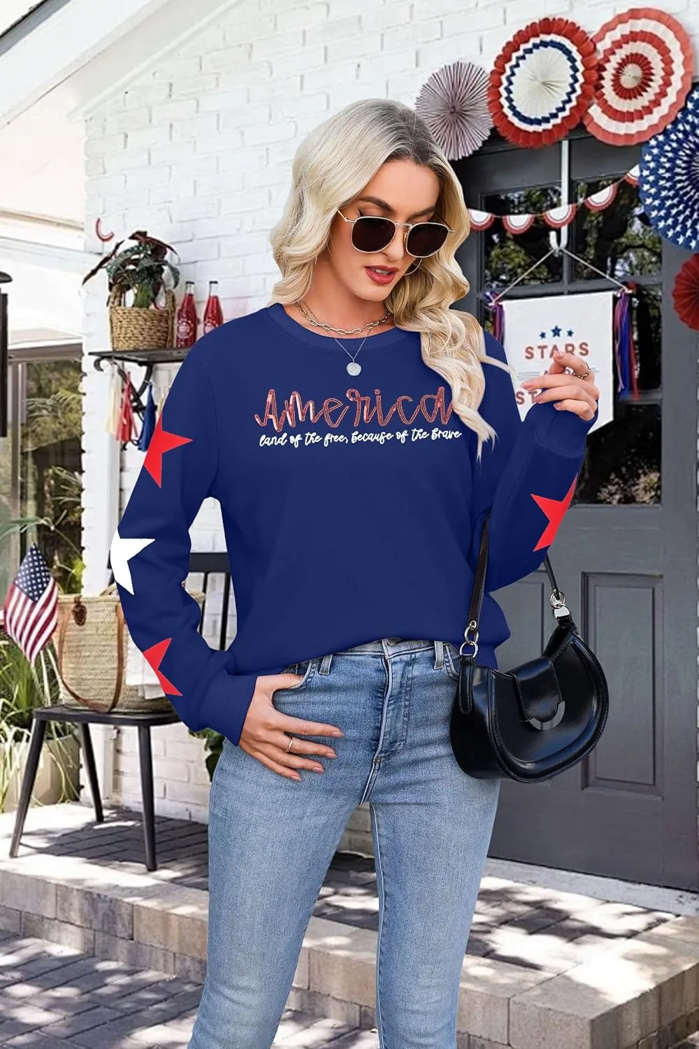 SUPEYA Womens USA Sweatshirt American Flag Graphic Pullover Crewneck Long Sleeve Tees Clothes 4th of July Tee Tops