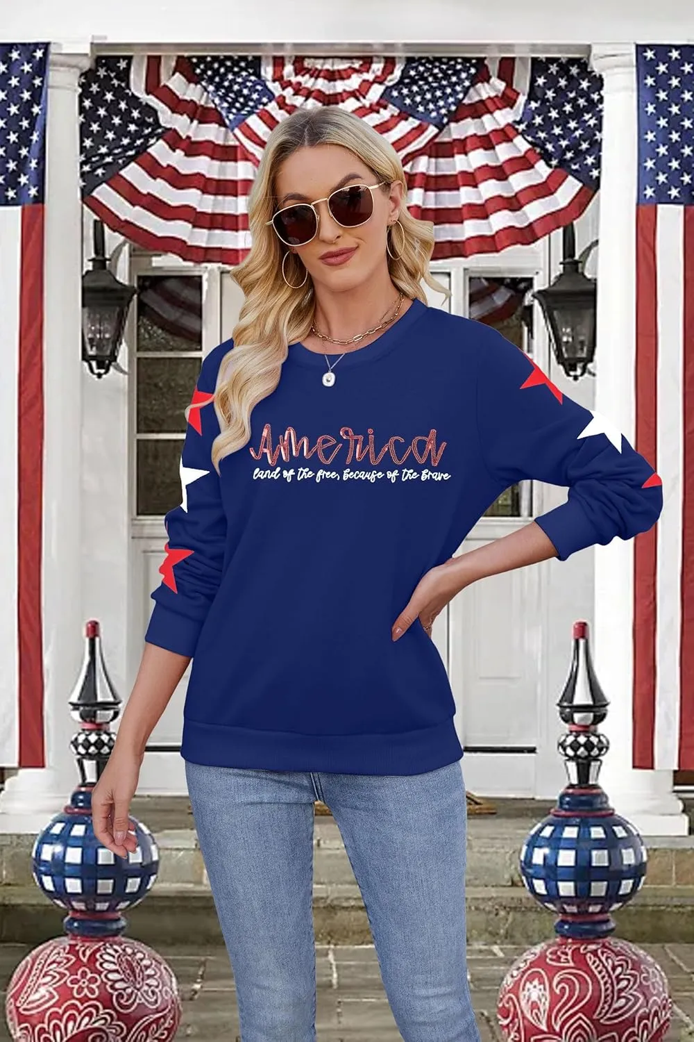 SUPEYA Womens USA Sweatshirt American Flag Graphic Pullover Crewneck Long Sleeve Tees Clothes 4th of July Tee Tops