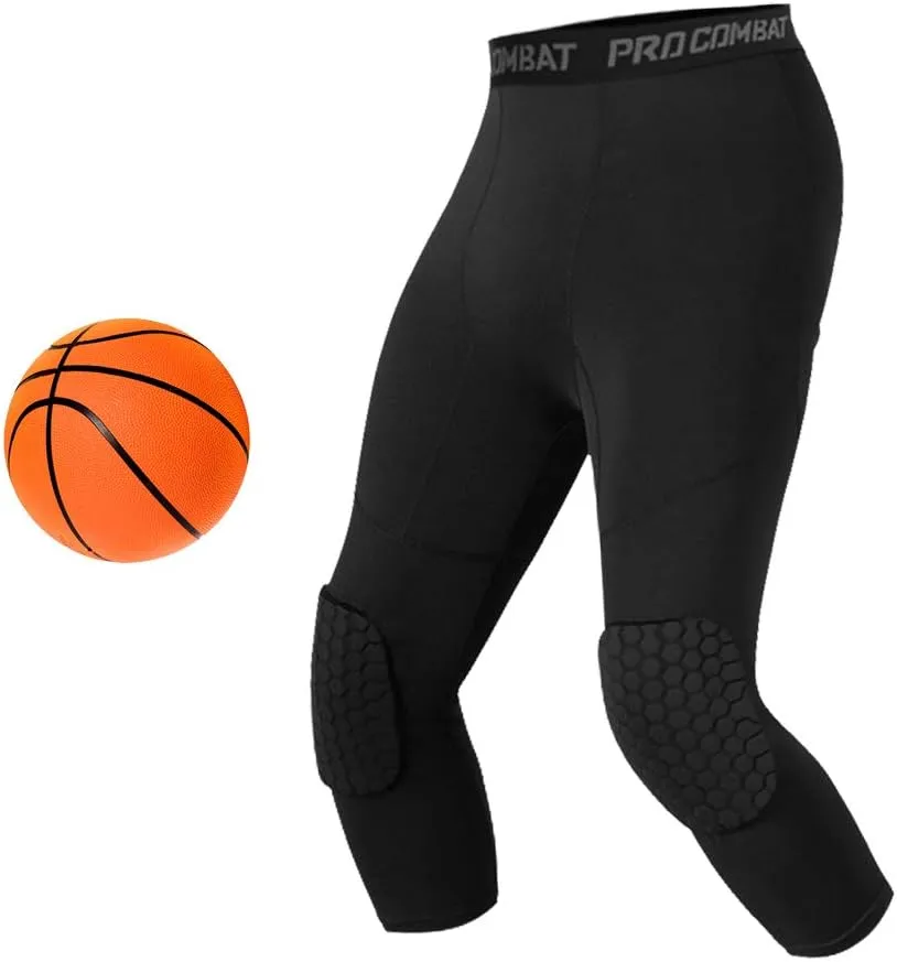 Unlimit Basketball Pants with Knee Pads, Black Knee Pads Compression Pants, 3/4 Capri Leggings