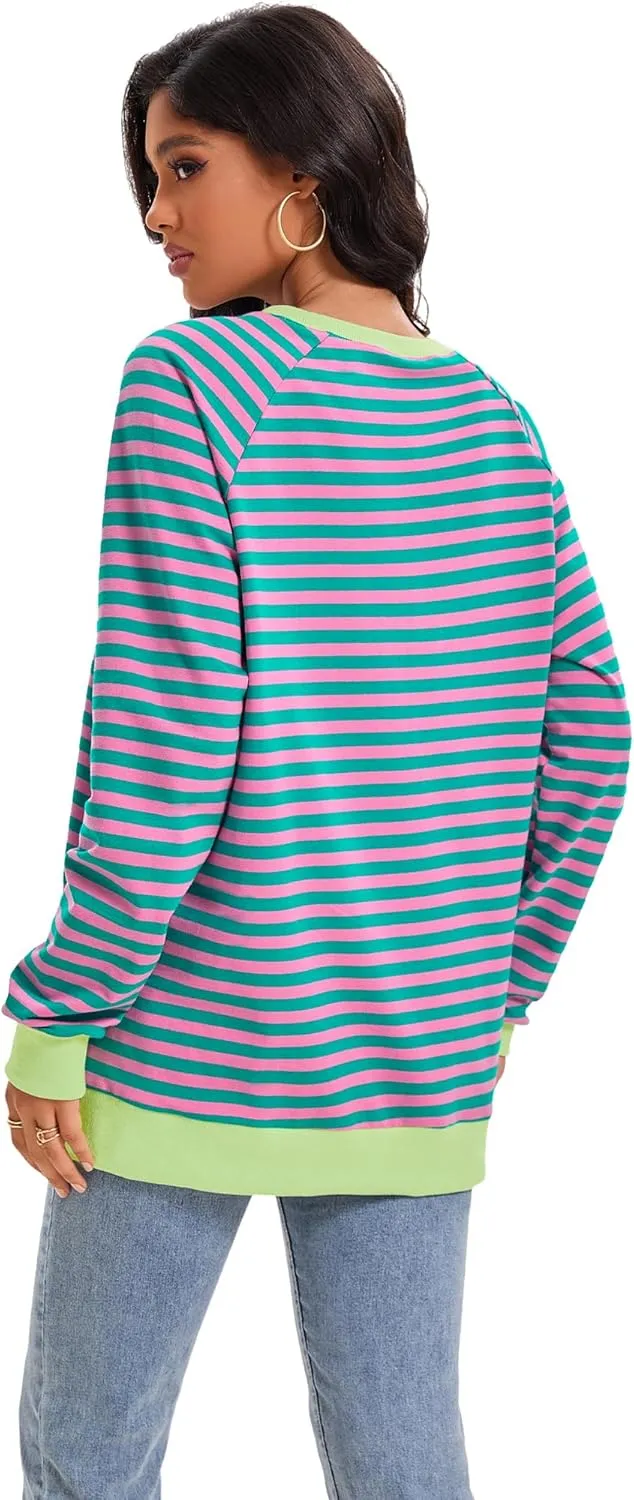 Womens Striped Color Block Sweatshirt Oversized Side Slit Crew Neck Loose Shirts Long Sleeve Pullover Tops 2025 Trendy