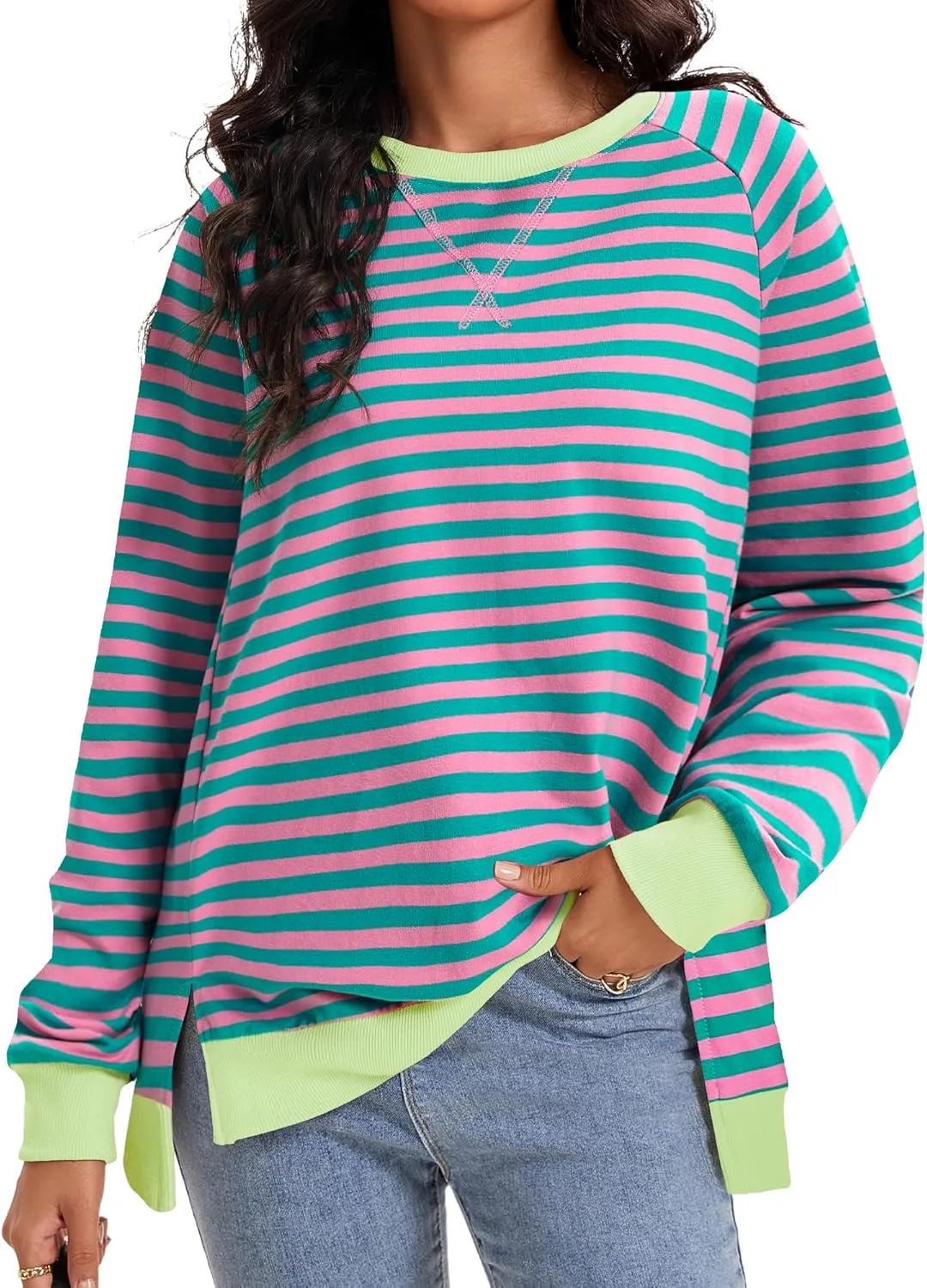 Womens Striped Color Block Sweatshirt Oversized Side Slit Crew Neck Loose Shirts Long Sleeve Pullover Tops 2025 Trendy