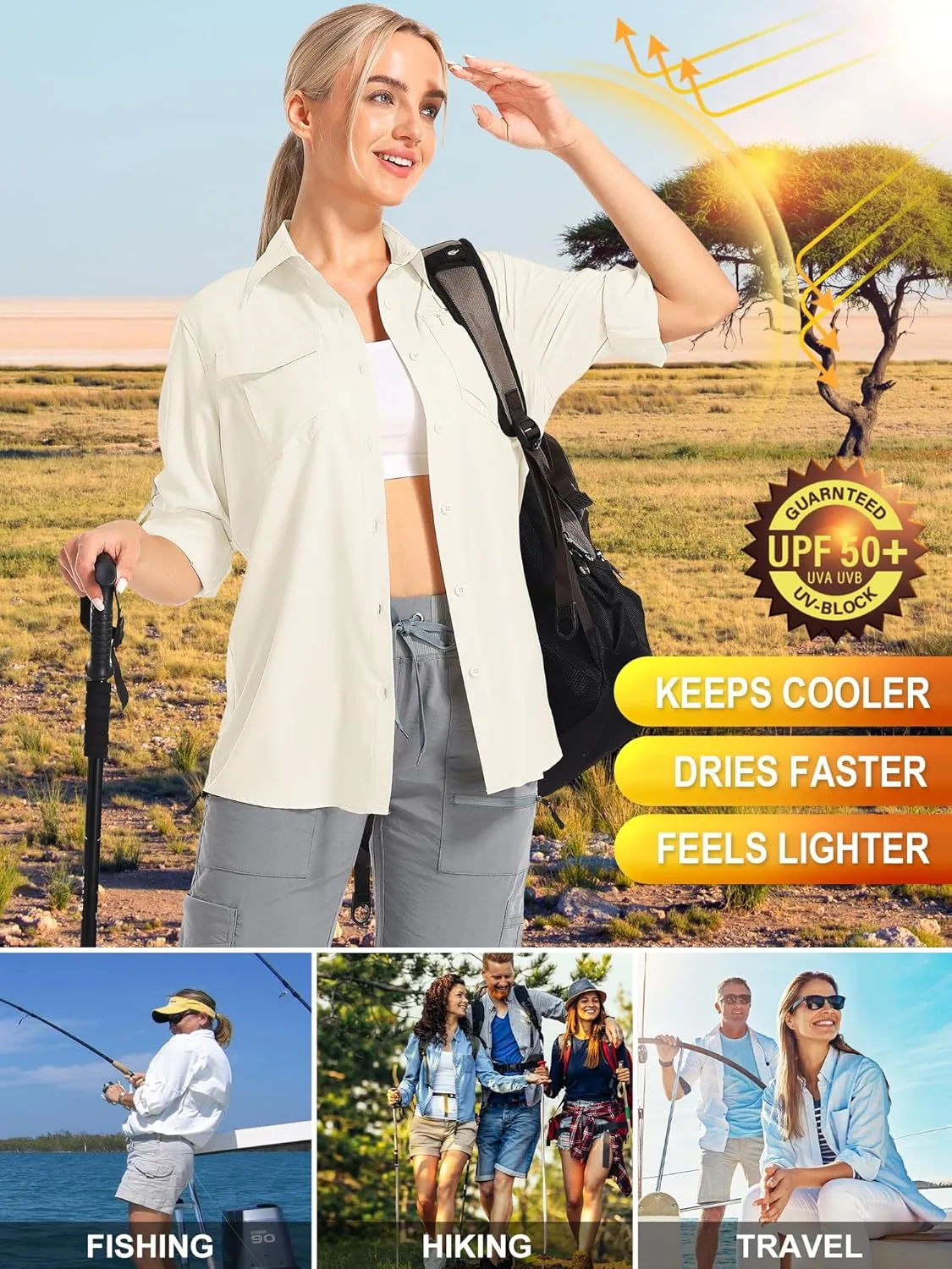Women's UPF 50 UV Sun Protection Shirts Long Sleeve Outdoor Cool Quick Dry Safari Fishing Hiking Travel Shirts