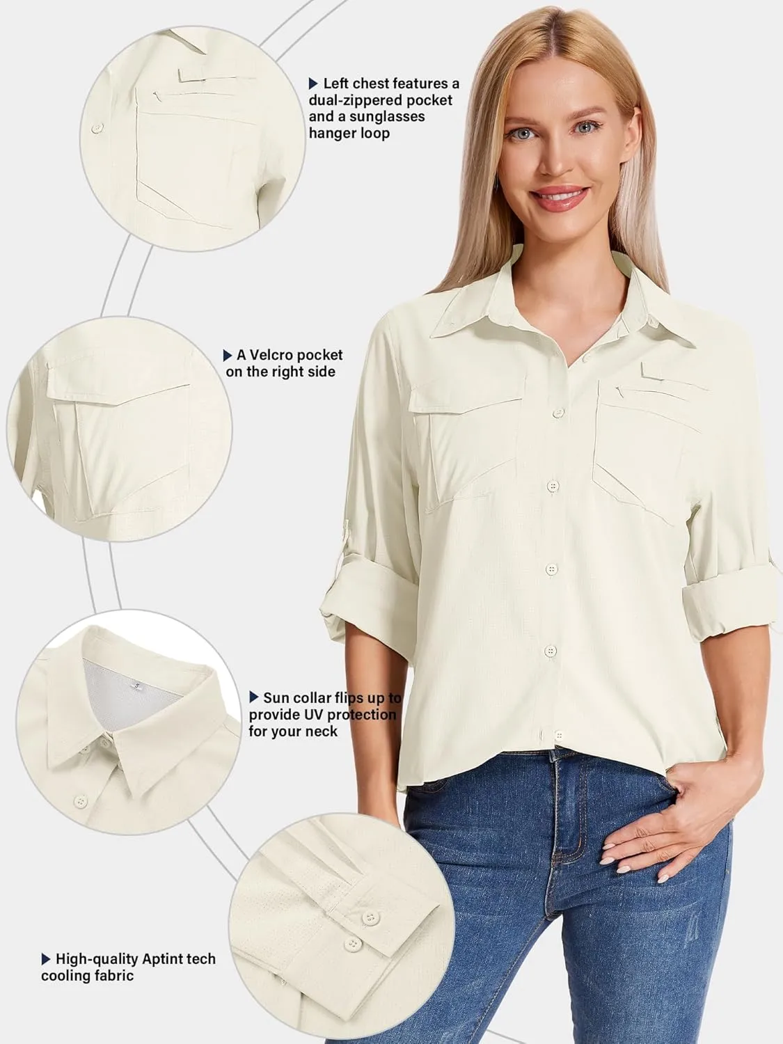 Women's UPF 50 UV Sun Protection Shirts Long Sleeve Outdoor Cool Quick Dry Safari Fishing Hiking Travel Shirts