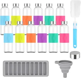 Zukro Glass Water Bottles with Lids 18 oz, Reusable Clear Juice Bottles Stainless Steel Airtight Cap for Juicing, 100% Leak Proof Juice Drinking Jar With Sleeve for Refrigerator, BPA Free, Set of 12