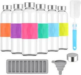 Zukro Glass Water Bottles with Lids 18 oz, Reusable Clear Juice Bottles Stainless Steel Airtight Cap for Juicing, 100% Leak Proof Juice Drinking Jar With Sleeve for Refrigerator, BPA Free, Set of 6